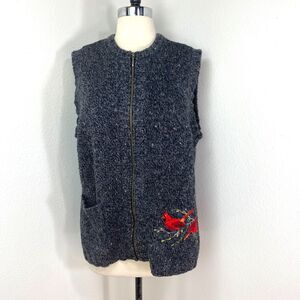 Woolrich Heather Red Embroidered Cardinal Knit Vest XL Zip Front Pocket Holiday
